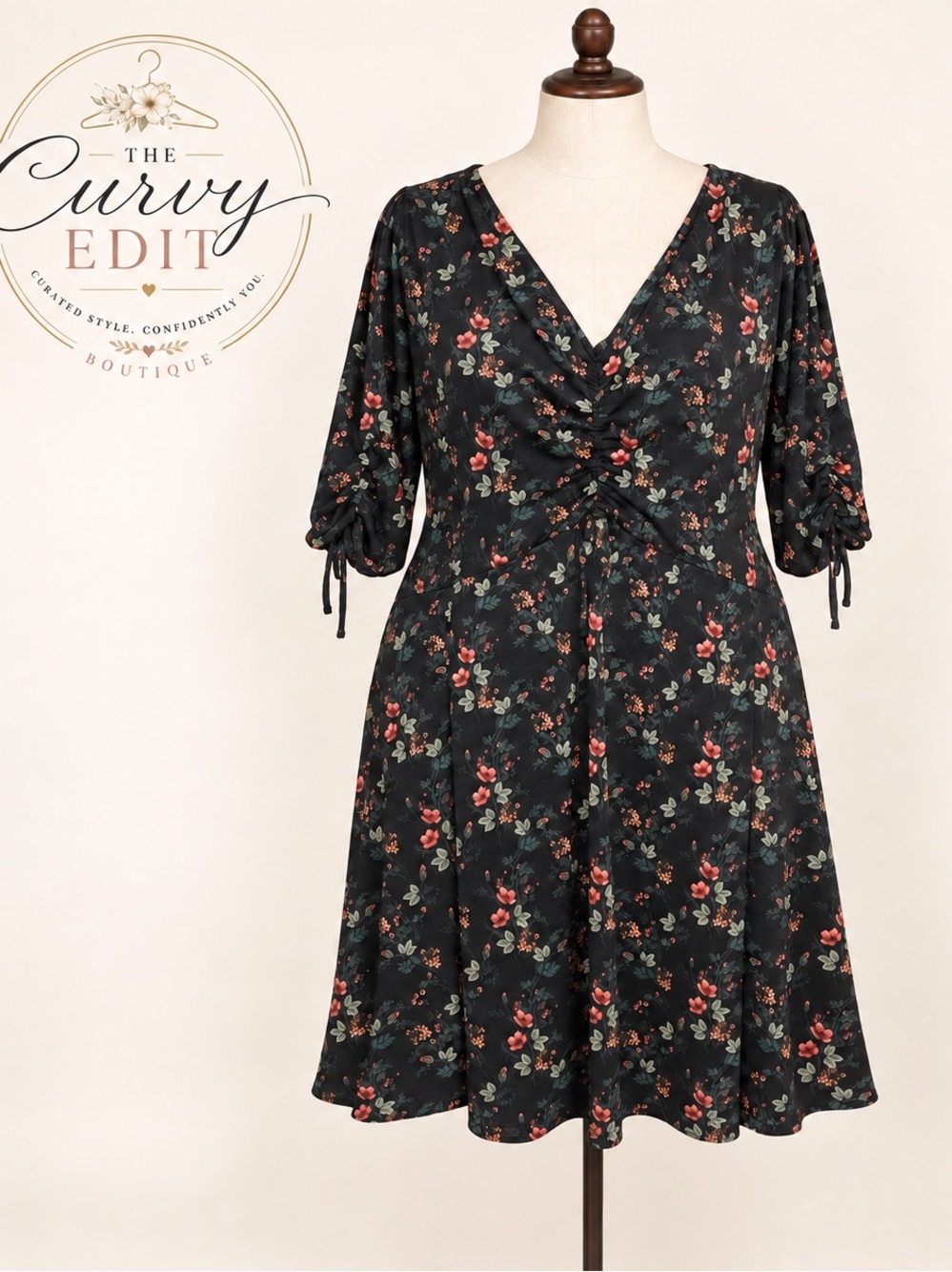 LC Lauren Conrad Black Floral Ruched V Neck Dress 2X Sleeve Ties Cottagecore